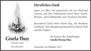 Traueranzeige von Gisela Thuy von HERSFELDER ZEITUNG