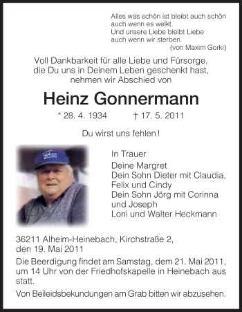 Traueranzeige von Heinz Gonnermann von HERSFELDER ZEITUNG