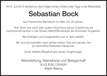 Traueranzeige von Sebastian Bock von HERSFELDER ZEITUNG