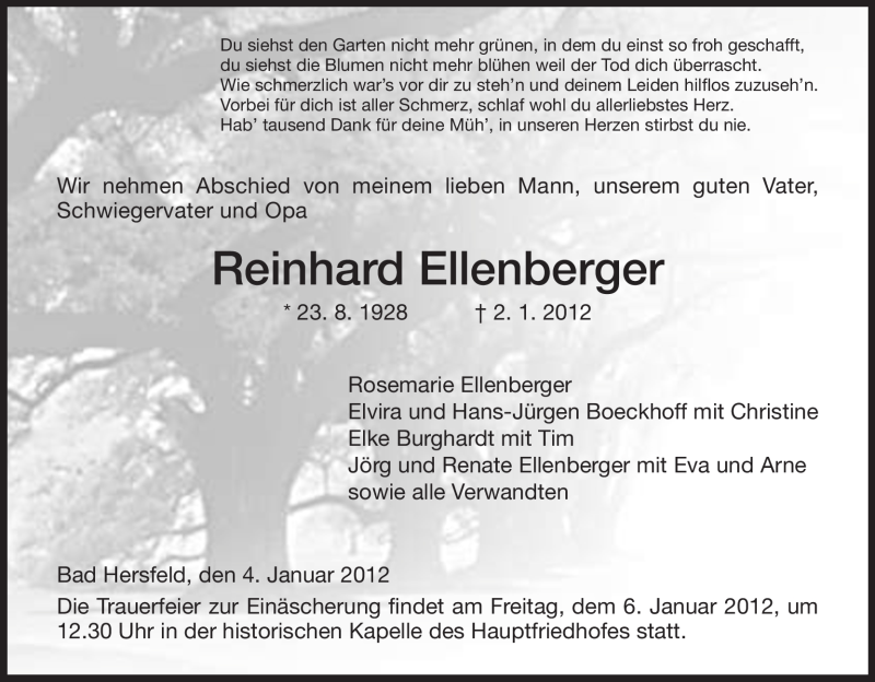  Traueranzeige für Reinhard Ellenberger vom 04.01.2012 aus HERSFELDER ZEITUNG
