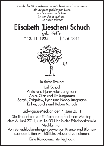 Traueranzeige von Elisabeth Schuch von HERSFELDER ZEITUNG