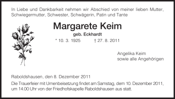 Traueranzeige von Margarete Keim von HERSFELDER ZEITUNG