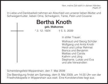 Traueranzeige von Bertha Knoth von HERSFELDER ZEITUNG