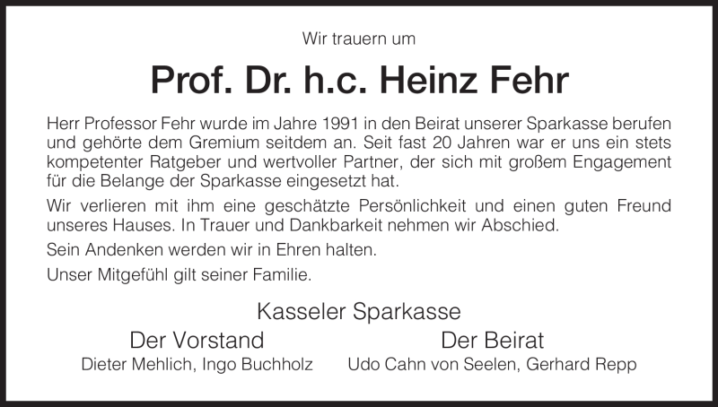  Traueranzeige für Heinz Fehr vom 11.12.2009 aus HERSFELDER ZEITUNG