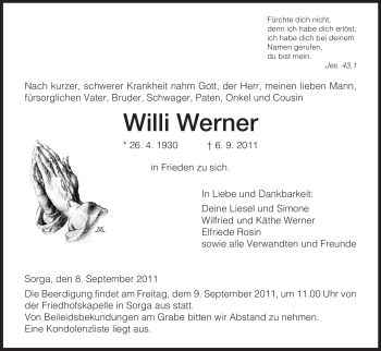 Traueranzeige von Willi Werner von HERSFELDER ZEITUNG