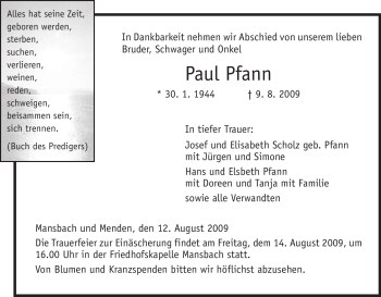 Traueranzeige von Paul Pfann von HERSFELDER ZEITUNG