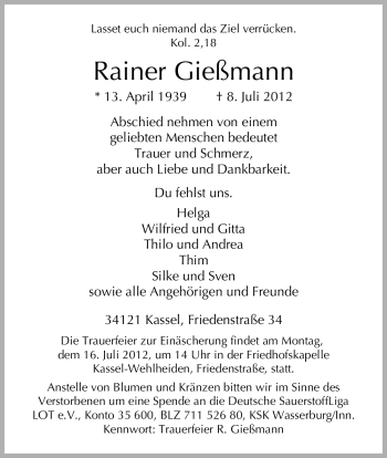 Traueranzeige von Rainer Gießmann von HERSFELDER ZEITUNG