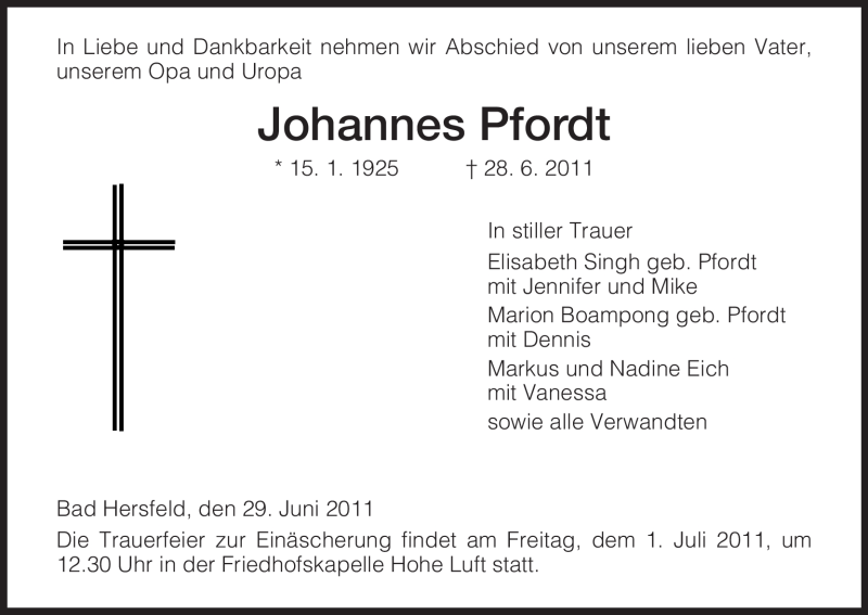  Traueranzeige für Johannes Pfordt vom 29.06.2011 aus HERSFELDER ZEITUNG