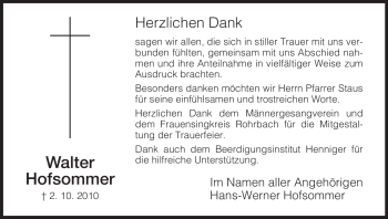 Traueranzeige von Walter Hofsommer von HERSFELDER ZEITUNG