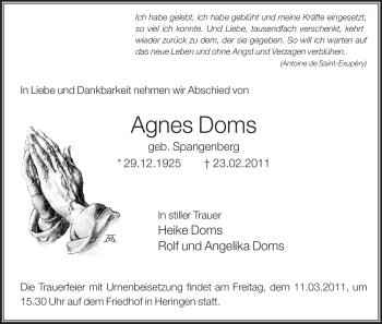 Traueranzeige von Agnes Doms von HERSFELDER ZEITUNG