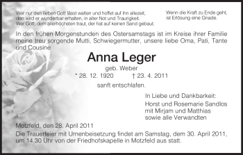 Traueranzeige von Anna Leger von HERSFELDER ZEITUNG