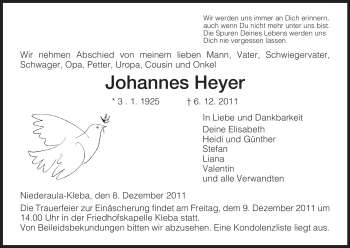 Traueranzeige von Johannes Heyer von HERSFELDER ZEITUNG