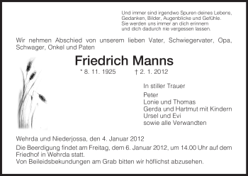 Traueranzeige von Friedrich Manns von HERSFELDER ZEITUNG