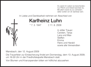 Traueranzeige von Karlheinz Luhn von HERSFELDER ZEITUNG