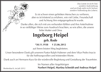 Traueranzeige von Ingeborg Heipel von HERSFELDER ZEITUNG