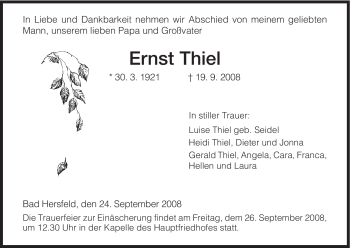 Traueranzeige von Ernst Thiel von HERSFELDER ZEITUNG