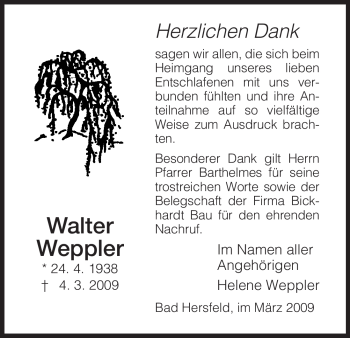 Traueranzeige von Walter Weppler von HERSFELDER ZEITUNG