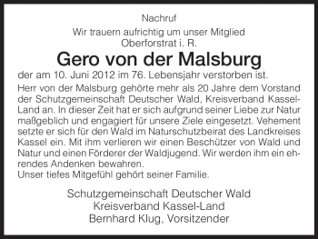 Traueranzeige von Gero von der Malsburg von HERSFELDER ZEITUNG