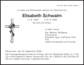 Traueranzeige von Elisabeth Schwalm von HERSFELDER ZEITUNG