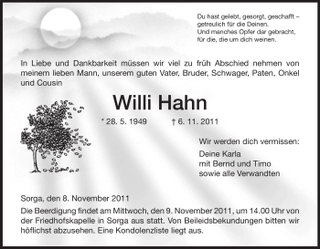 Traueranzeige von Willi Hahn von HERSFELDER ZEITUNG