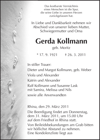 Traueranzeige von Gerda Kollmann von HERSFELDER ZEITUNG