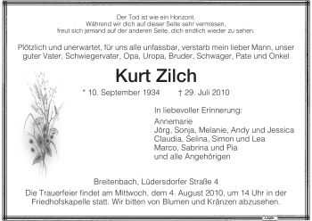 Traueranzeige von Kurt Zilch von HERSFELDER ZEITUNG