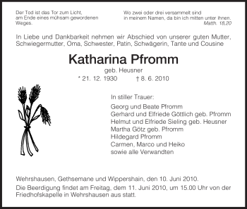 Traueranzeige von Katharina Pfromm von HERSFELDER ZEITUNG