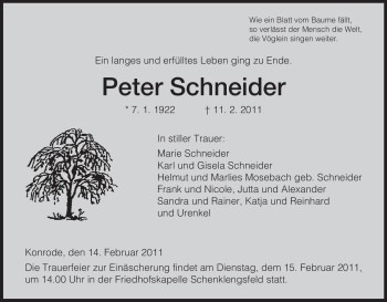 Traueranzeige von Peter Schneider von HERSFELDER ZEITUNG