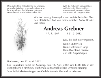 Traueranzeige von Andreas Grebner von HERSFELDER ZEITUNG