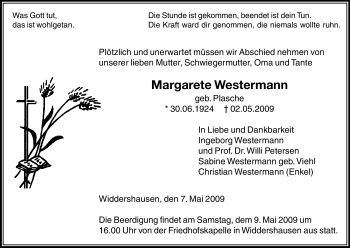 Traueranzeige von Margarete Westermann von HERSFELDER ZEITUNG