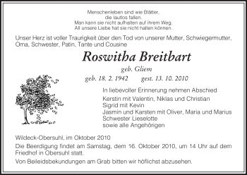 Traueranzeige von Roswitha Breitbarth von HERSFELDER ZEITUNG