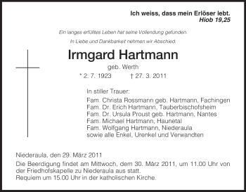 Traueranzeige von Irmgard Hartmann von HERSFELDER ZEITUNG