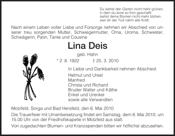 Traueranzeige von Lina Deis von HERSFELDER ZEITUNG