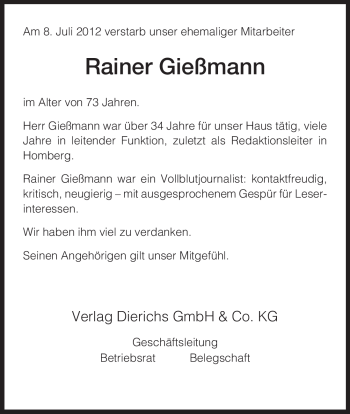 Traueranzeige von Rainer Gießmann von HERSFELDER ZEITUNG