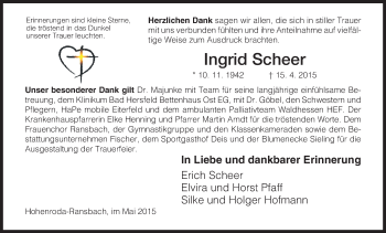 Traueranzeige von Ingrid Scheer von Hersfeld