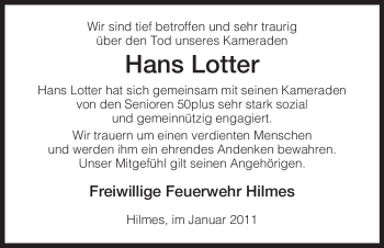 Traueranzeige von Hans Lotter von HERSFELDER ZEITUNG