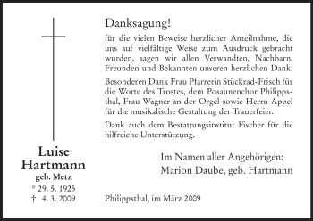 Traueranzeige von Luise Hartmann von HERSFELDER ZEITUNG