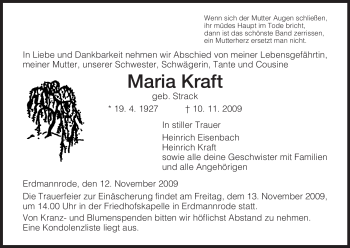 Traueranzeige von Maria Kraft von HERSFELDER ZEITUNG