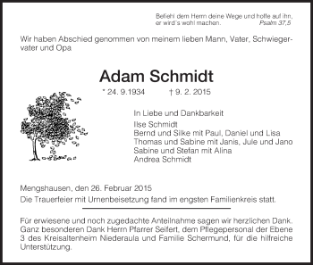 Traueranzeige von Adam Schmidt von Hersfeld