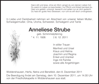 Traueranzeige von Anneliese Strube von HERSFELDER ZEITUNG