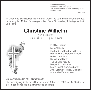 Traueranzeige von Christine Wilhelm von HERSFELDER ZEITUNG