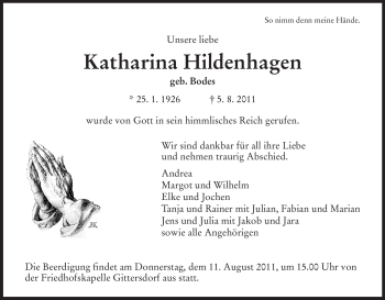 Traueranzeige von Katharina Hildenhagen von HERSFELDER ZEITUNG