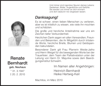 Traueranzeige von Renate Bernhardt von HERSFELDER ZEITUNG