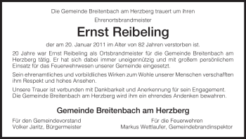 Traueranzeige von Ernst Reibeling von HERSFELDER ZEITUNG