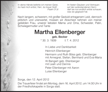 Traueranzeige von Martha Ellenberger von HERSFELDER ZEITUNG