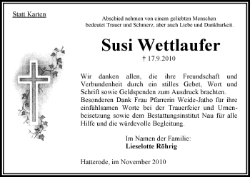 Traueranzeige von Susi Wettlaufer von HERSFELDER ZEITUNG