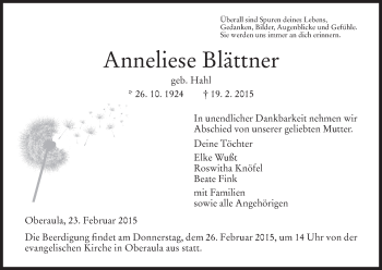 Traueranzeige von Anneliese Blättner von Hersfeld