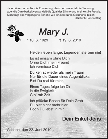 Traueranzeige von Mary J. von HERSFELDER ZEITUNG