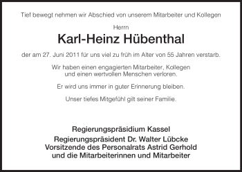 Traueranzeige von Karl-Heinz Hübenthal von HERSFELDER ZEITUNG