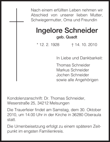 Traueranzeige von Ingelore Schneider von HERSFELDER ZEITUNG